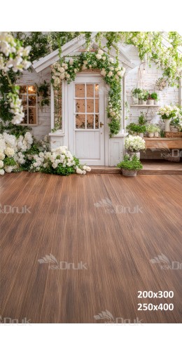 Tło fotograficzne „Wiosenny domek z białymi kwiatami i drewnianą podłogą” | E685